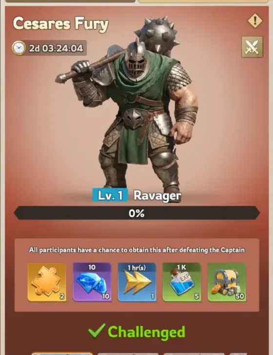 A Cesares Captain (Lv. 1 Ravager) in the Lordrush Cesares Fury alliance boss phase, showing the shared reward every participant can obtain on defeat