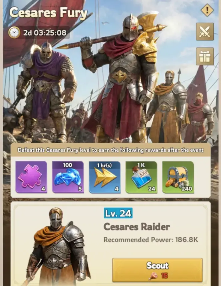 Lordrush Cesares Fury event screen showing the Cesares warriors, the countdown, the Lv. 24 Cesares Raider with its Recommended Power and Scout button, and the reward preview for defeating it