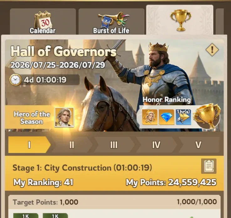 Lordrush Hall of Governors event banner showing the King on horseback, the Hero of the Season and Honor Ranking panels, and the five stage tabs